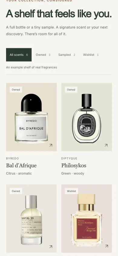 Frolio’s public example shelf on mobile, showing collection states and fragrance bottles.