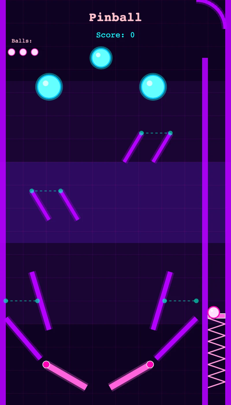 The neon playfield from my pinball game, with three bumpers, flippers, score gates and a launch lane.